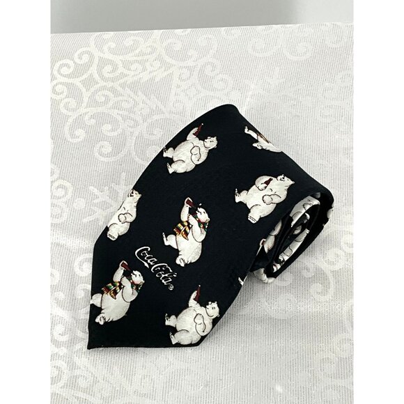 Vintage Coca-Cola Polar Bear Tie Black Novelty Neckwear Made In USA 100% Polyest - Picture 3 of 7